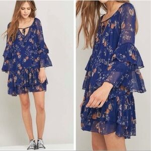 Free People Sunsetter Sheer Mini Boho Dress Blue Floral Size S